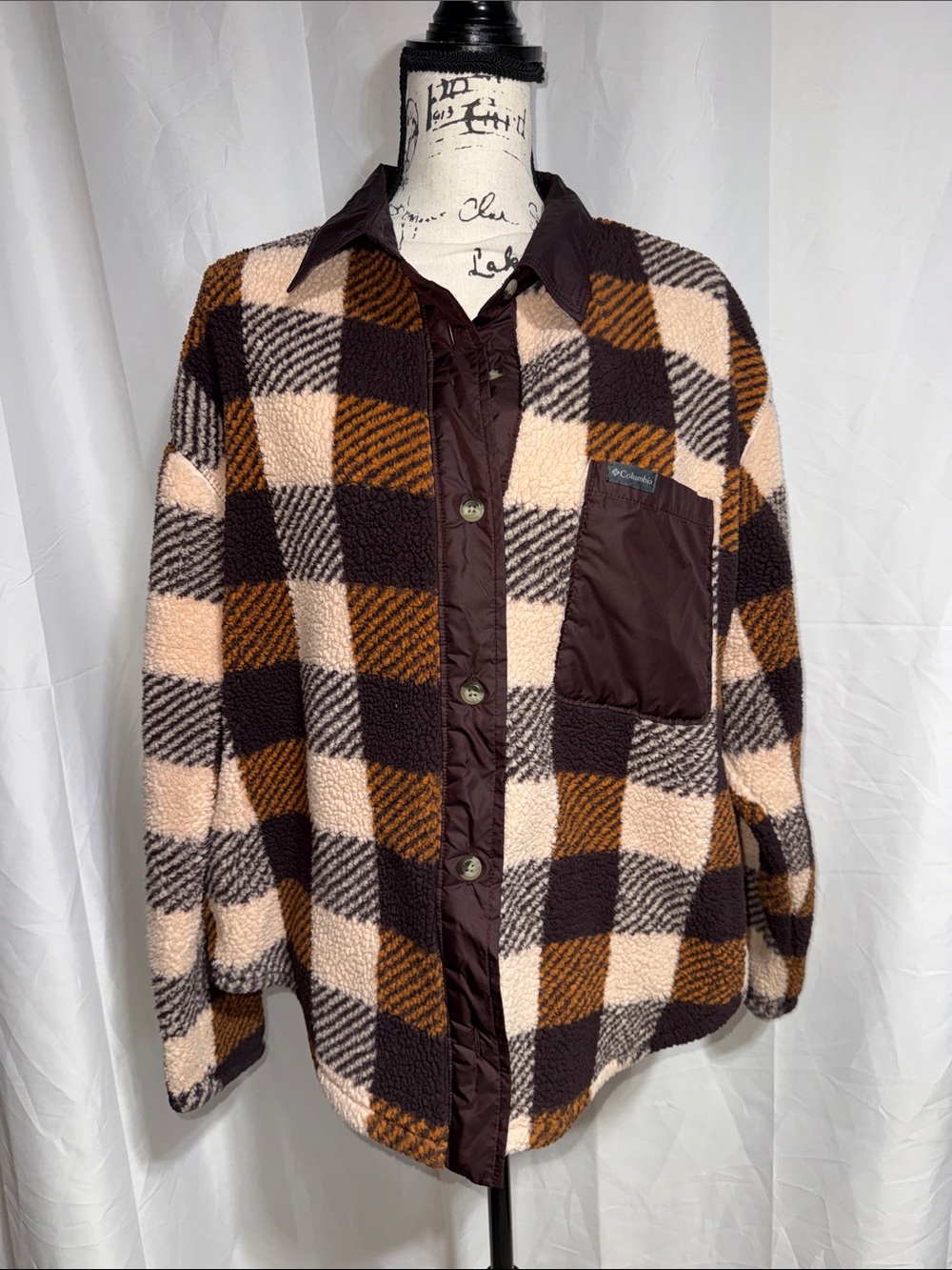 Columbia Brown Tan & Cream Plaid Sherpa Shirt Jacket